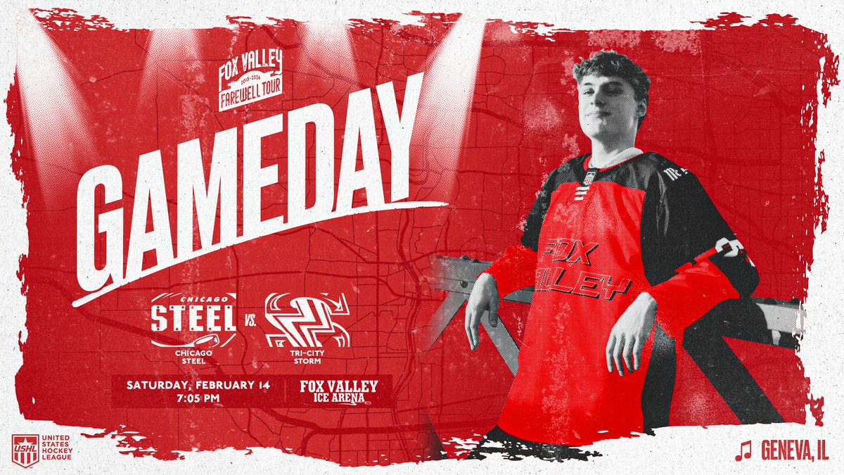 Ready to pay tribute to the Fox Valley 🙌

🆚 <a href="/TriCityStorm/">Tri-City Storm</a> 
📍 Fox Valley Ice Arena
⏰ 7:05 pm CT
🦊 Fox Valley Celebration pres. by <a href="/McCormickFONA/">McCormick FONA</a> 
👕 Special Red Tribute Jerseys
🎟️t.ly/Egocj
📺 <a href="/FloHockey/">FloHockey</a>
📻 chicagosteel.mixlr.com

#FeelSteel #FarewellTour #USHL