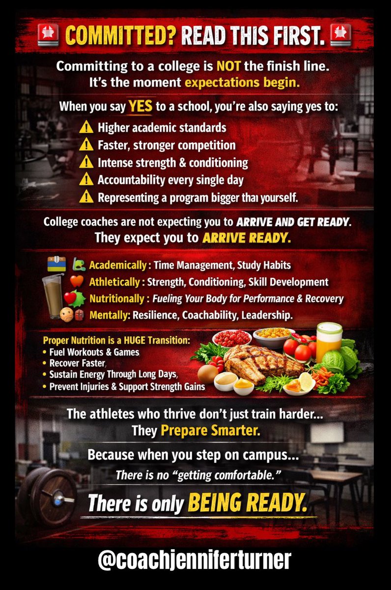 🚨 COMMITTED? READ THIS FIRST. 🚨

Committing to a college is NOT the finish line.

It’s the moment expectations begin.

When you say YES to a school, you’re also saying yes to:

⚠️ Higher academic standards
⚠️ Faster, stronger competition
⚠️ Intense strength &amp; conditioning
⚠️
