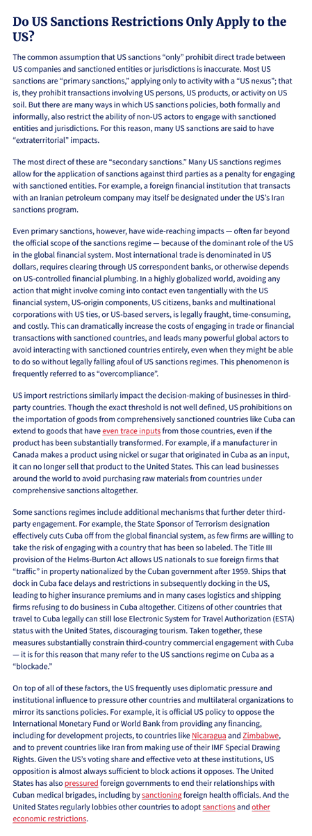Anyone who says that Cuba 🇨🇺 is free to trade and transact with the rest of the world is misinformed or lying.

Read my brief explainer on the extraterritorial impacts of US sanctions, from <a href="/ceprdc/">CEPR</a>'s Sanctions FAQ: cepr.net/publications/u…
