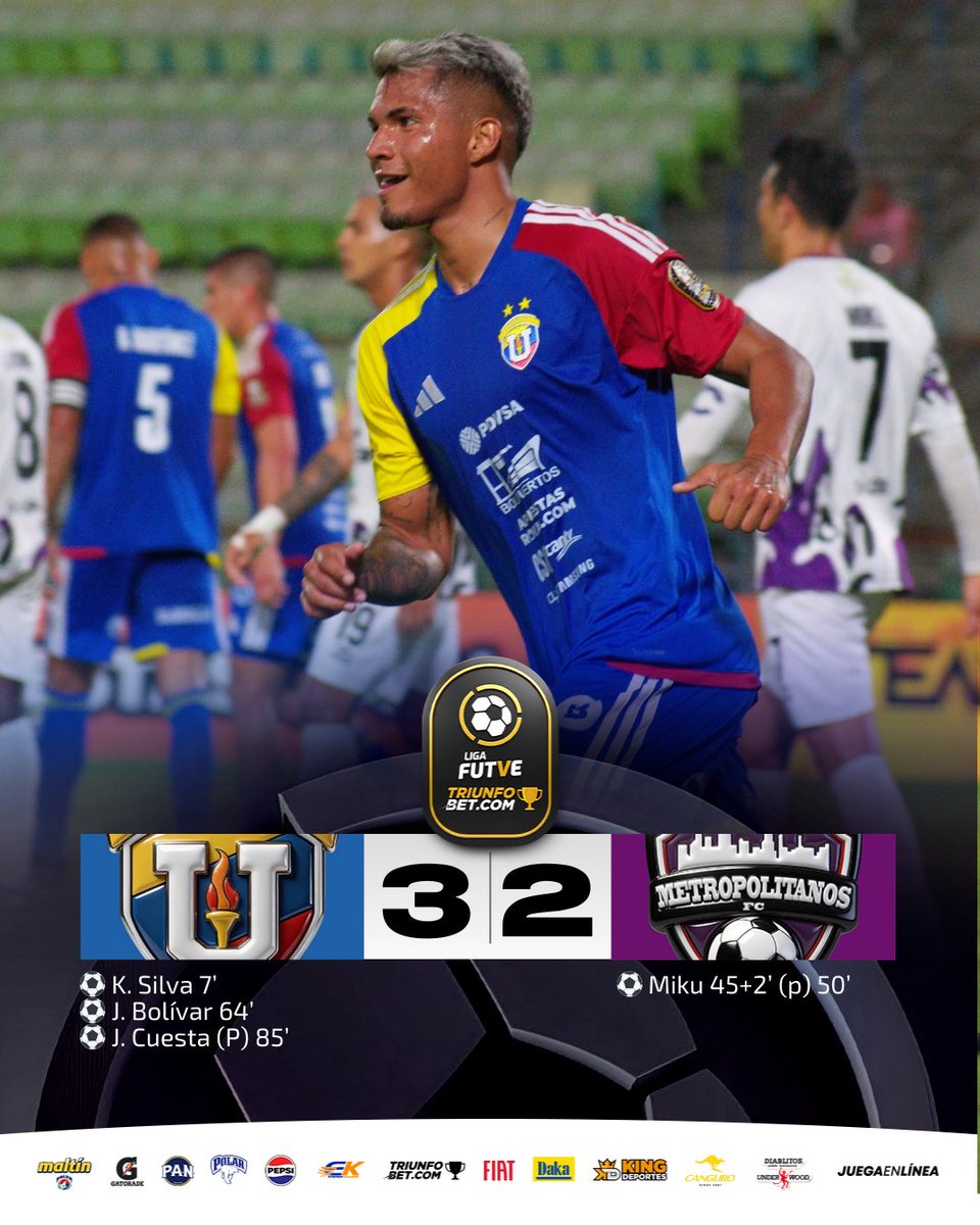 El actual campeón Universidad Central de Venezuela (UCV) ganó 3-2 a Metropolitanos la noche del viernes y sigue líder del torneo apertura del fútbol venezolano con 9 puntos en tres fechas. Pese al doblete del incombustible Miku para la visita, la UCV remontó al final.