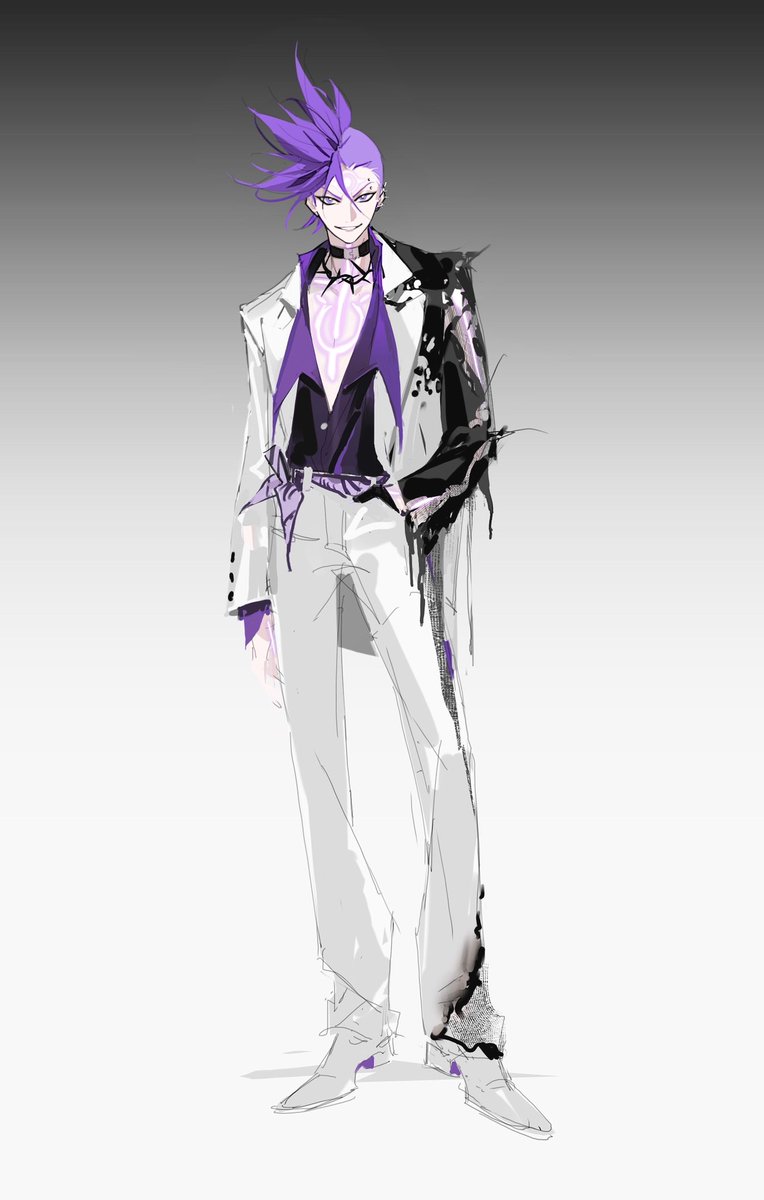 分享下服装设计稿。灵感是源自OTY老师和我说的：他变身之后纹身会因过强的能量导致温度飙升，所以可能会把衣服焦烫出破洞………所以我用破洞镂空+变身后肤色变成黑色的特征来构思，希望能用一件衣服暗示他的两种形态