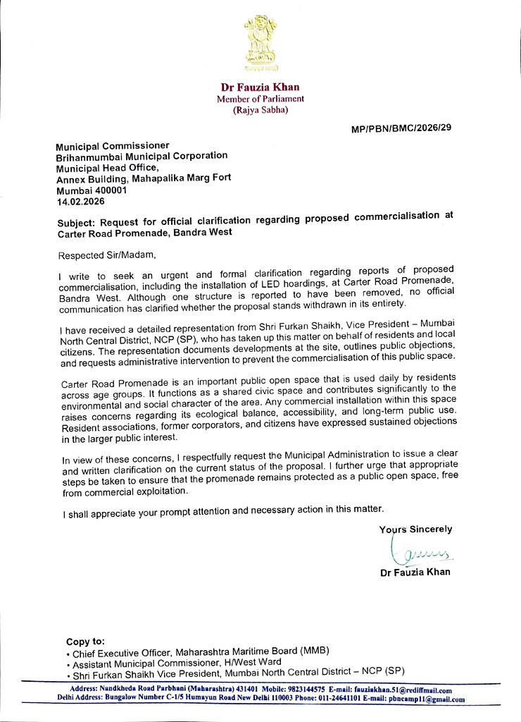 Furkanrshaikh's tweet image. Grateful to Hon. MP @DrFauziaKhanNCP ji for officially writing to @mybmc &amp;amp; @mahamaritime1 seeking clarity on LED hoardings &amp;amp; proposed commercialisation in #Bandra.
Citizens deserve transparency. Public spaces must remain public.
#CarterRoad #Mumbai #NoCommercialisation @NCPspeaks