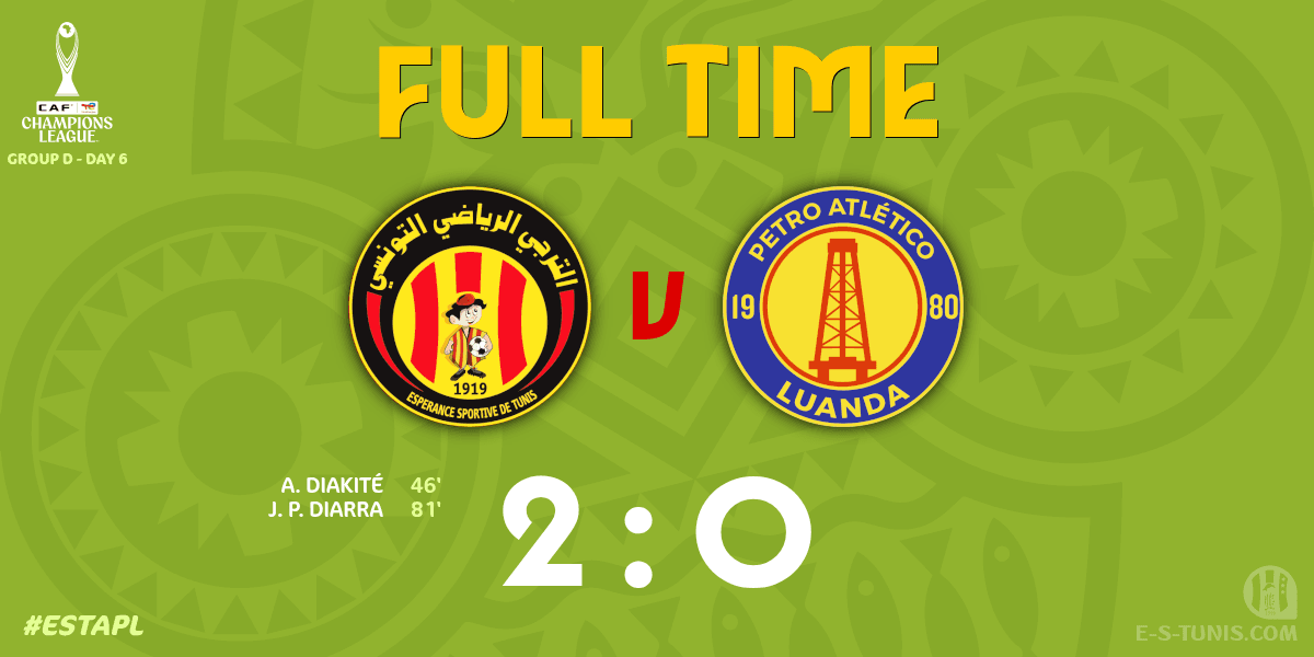 ESTuniscom's tweet photo. ⏱ FT | #TotalEnergiesCAFCL Gr D. Day 6 #ESTAPL | 🇹🇳@ESTuniscom 2⃣-0⃣ @petro_de_luanda🇦🇴 : End of the match / نهاية المباراة / Fin du match https://t.co/0CVIKux5iB