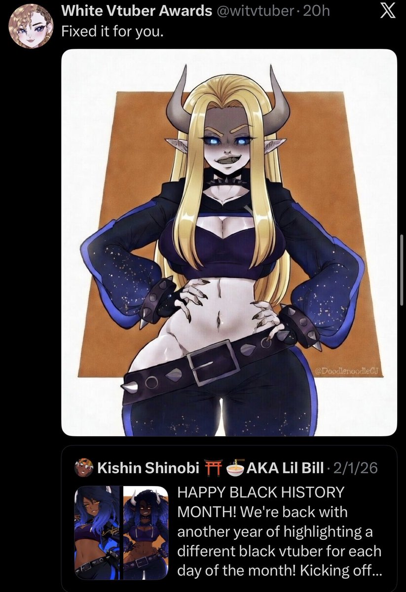Blaze, Kishin, Mura and Anarkee’s models being white washed and thrown through ai is crazy. This space is so unwell.

If someone did “women vtuber awards” next month during WHM I guarantee you no man would be upset and feel people were being discriminatory.

This space is not it.