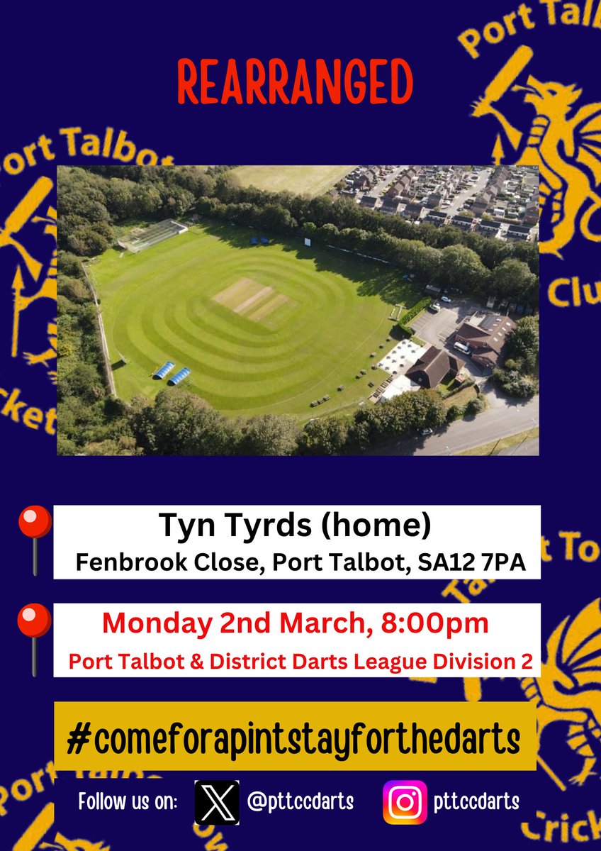MATCH REARRANGED
This Thursday’s match at home to the Tyn Tyrds has been rearranged to Monday 2nd March. No darts this week. Club still open at the usual time.

#comeforapintstayforthedarts 🎯🏴‍☠️