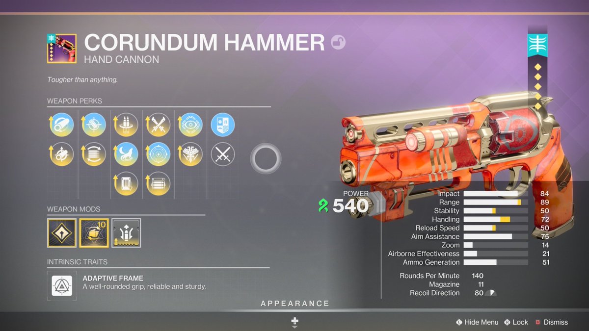 This week's Trials weapons, the Corundum Hammer, offers something many have wanted for a while: a solid Strand handcannon for PvP, and we finally have it.

We cover perks and recommended God rolls ⤵️
blueberries.gg/weapons/corund…