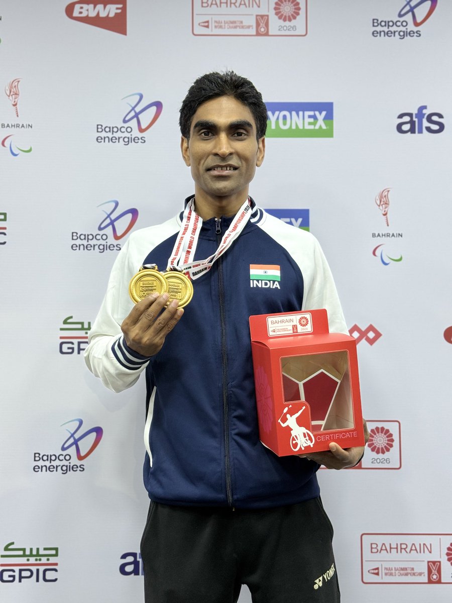 paralympic_od's tweet photo. DOUBLE GOLD for Odisha’s Pramod Bhagat! 🥇🥇
🏸 Men’s Singles SL3 – GOLD
🏸 Men’s Doubles SL3–SL4 – GOLD (with Sukant Kadam)
Historic triumph at the BWF Para Badminton World Championships, Manama.
#ParalympicSportsOdisha
#ParaBadminton #DoubleGold https://t.co/5DDAeaw3kq