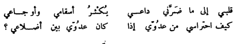 "Kalbim, bana zarar veren şeylere çağırıyor beni, 
Hastalıklarımı ve acılarımı durmadan arttırıyor. 
Düşmanım kaburgalarımın arasında dururken* 
Kendimi ona karşı nasıl koruyabilirim ki?"

[yani kalbimken]