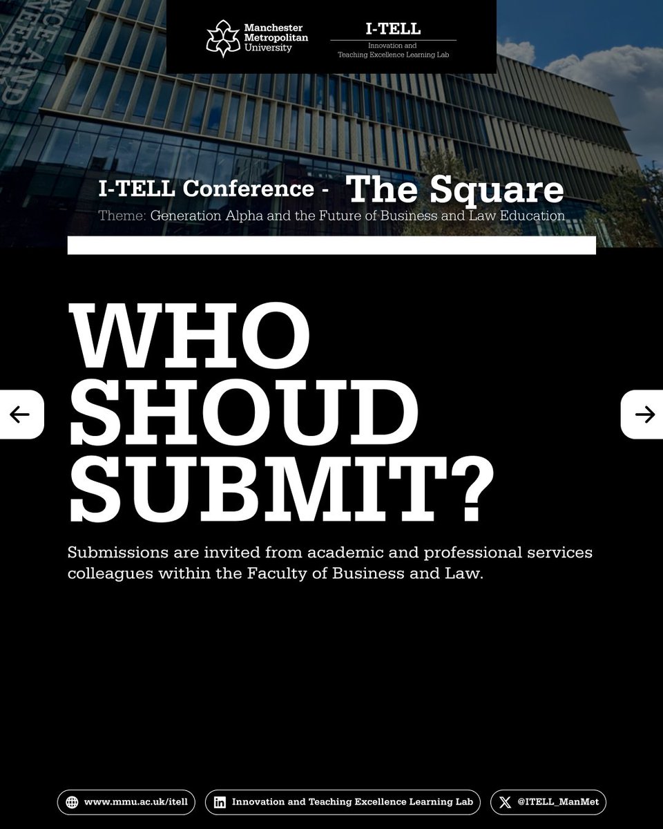 Who should submit?

Academic and professional services colleagues within the Faculty of Business &amp; Law are invited to contribute.

A focused space for advancing teaching and learning together.

27 Feb 2026

#ITELL2026 #TheSquare2026