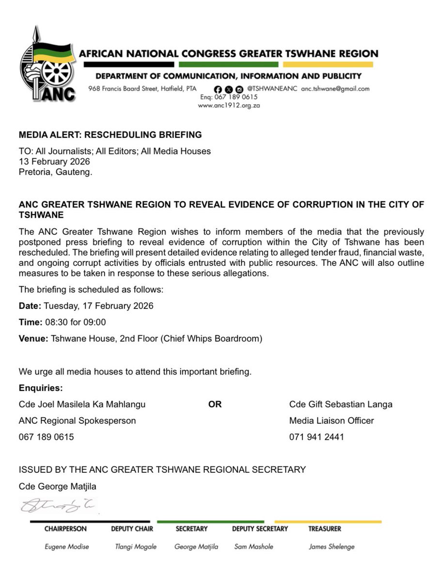 ANC GREATER TSHWANE REGION TO REVEAL EVIDENCE OF CORRUPTION IN THE CITY OF TSHWANE. 
#ANCatWork