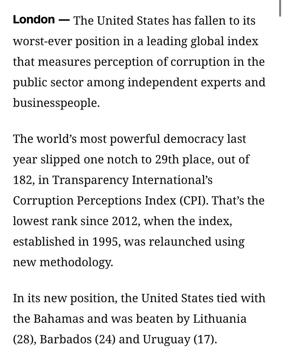 ‼️ US slips to its lowest-ever rank in a global corruption index. 

Gee, I wonder why.