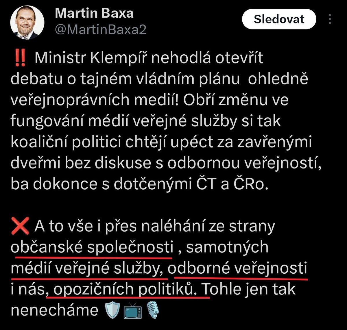 Všimněte si, kdo by měl rozhodovat o ČT, ČRo.
1) Občanská společnost - Chvilkaři?
2) Zaměstnanci ČT a ČRo
3) Odborná veřejnost - co to je? Umělci?
4) Opozice

Víceméně všichni, kteří z internetové daně čerpají benefity. 

Ti, co ten cirkus musí platit, tak jen rozhodli ve