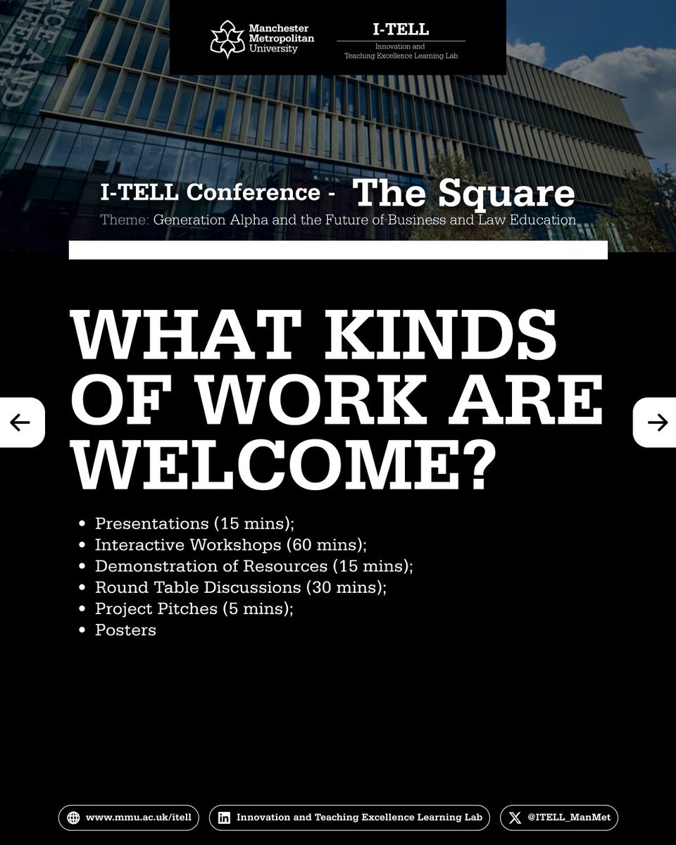 What kinds of contributions are welcome?

• 15-min presentations
• Interactive workshops
• Resource demonstrations
• Roundtables
• Project pitches
• Posters

Internal Faculty call.
Deadline: 27 Feb 2026

#TeachingExcellence #ITELL2026 #TheSquare