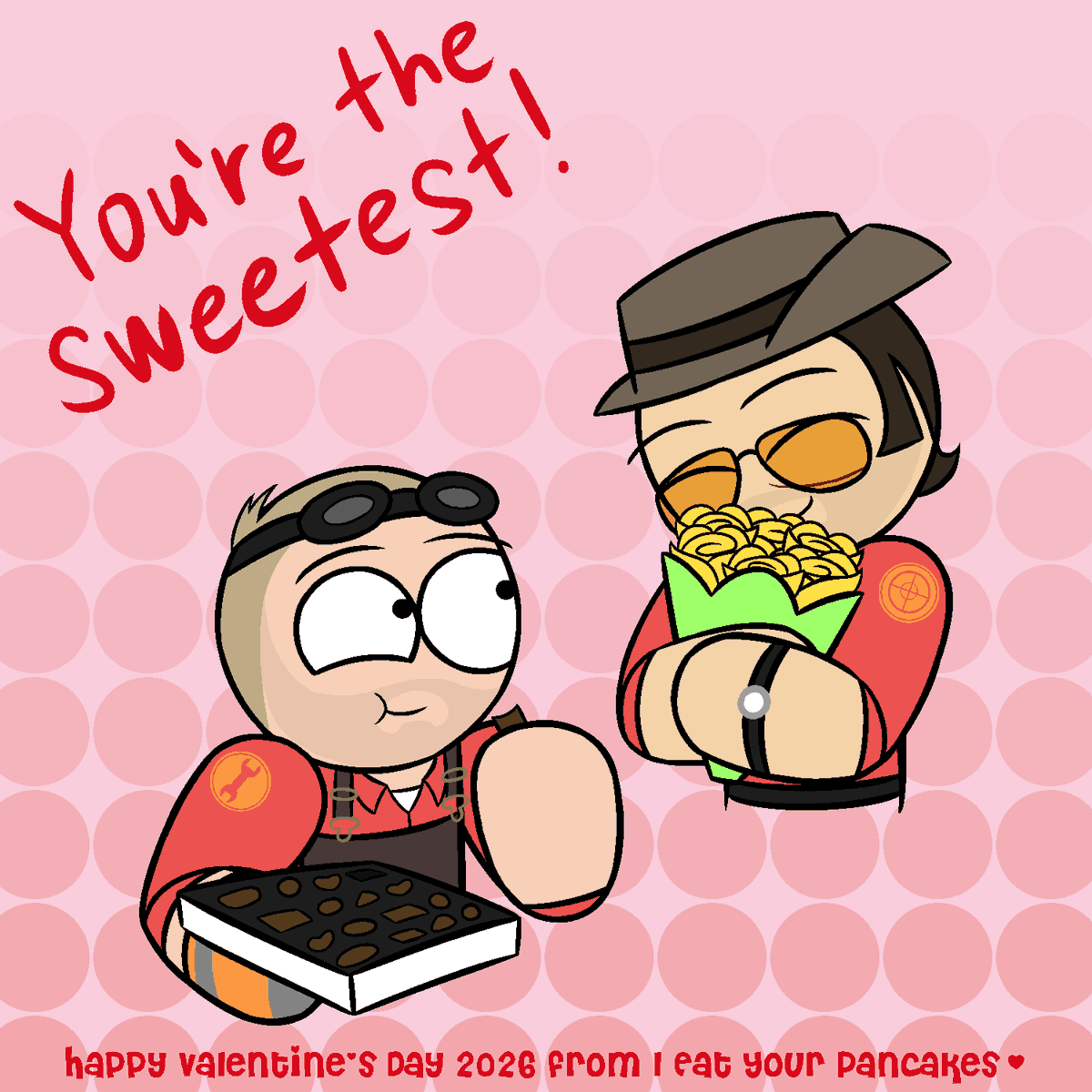 Happy Valentine's day! Drew my favorite besties again.

Yellow roses symbolize friendship and platonic love, and they're also associated with Texas. As for the chocolates, I think Engie has a big sweet tooth lol

Tell your friends you love em :) #TF2 #valentinesday