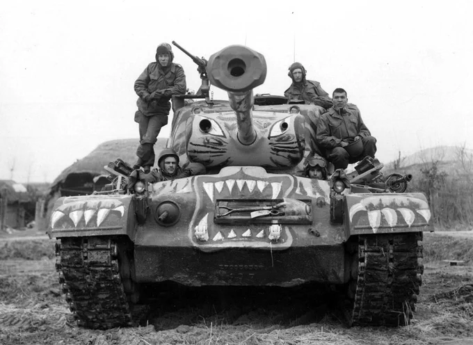 Tank_Archives's tweet photo. The Medium Tank M46 or Patton was an upgraded variant of the Pershing, chiefly aimed at improving mobility and reliability. Its performance in the Korean War was not encouraging and #OTD in 1957 the Patton tank was retired from service in the US Army. #tanks #history #ColdWar https://t.co/uUwF06lCpj