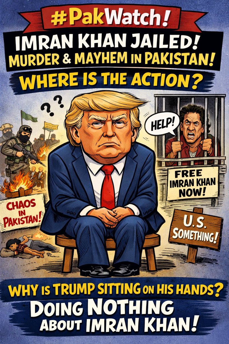 #PakWatch🇵🇰: The Pakistani government has jailed Imran Khan on trumped up charges. Now it's trying to get AWAY WITH MURDER.

IT'S TIME FOR ONE OF THE INTERNATIONAL SUPER POWERS TO DEMAND THE IMMEDIATE RELEASE OF IMRAN KHAN.

Why is Trump doing nothing?