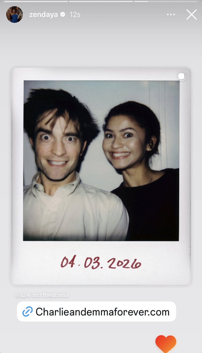 Zendaya on instagram stories reposting a24’s the drama promotional polaroid photos and sharing emma and charlie’s website/wedding invitation (14/2/26)