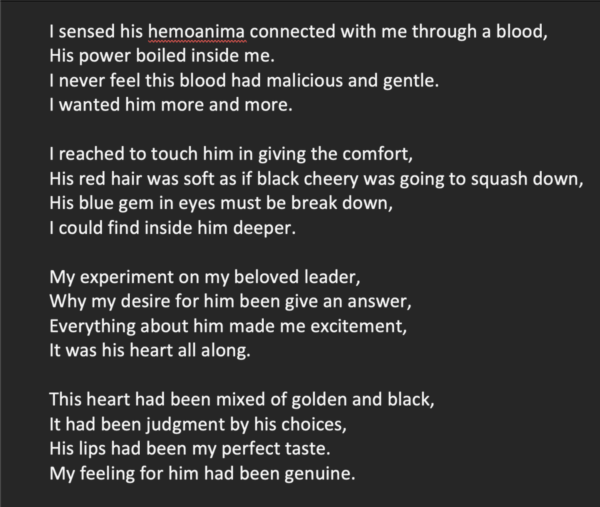My next late entry for Sumikage Week, Day 2! 

Day two prompt: Experiment!

Warning: My poem may be interpreted as mild gore and mild NSFW, too. I love how I write describable small details! 

#sumikageweek2026