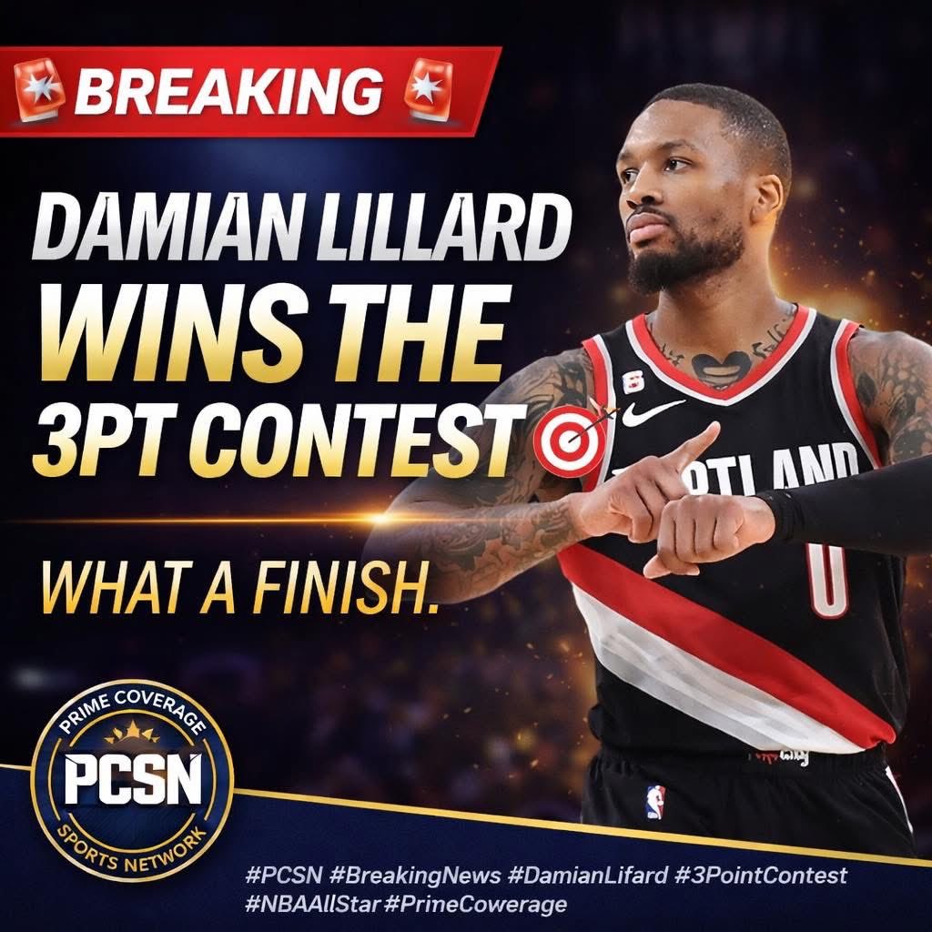PCSNmedia's tweet photo. ๐จ BREAKING: DAME TIME STRIKES AGAIN! โฐ๐ฏ
Damian Lillard is officially your 3PT Contest Champion! ๐ฅ
Clutch shots. Ice in his veins. What a finish.
When it matters mostโฆ he delivers. ๐ฏ
#PCSN #BreakingNews #DameTime #DamianLillard #3PointContest #NBAAllStar #PrimeCoverageSportsNetwork