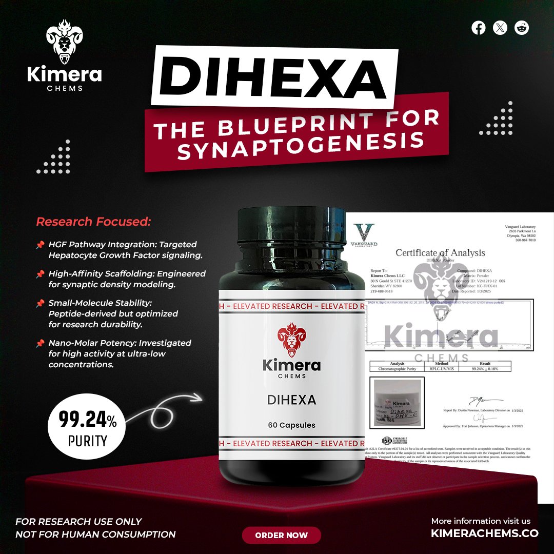 Dihexa (PNB-0408) is a hepatocyte growth factor mimetic studied in animal  models for synaptogenic signaling and neuroplasticity pathways. RUO. Not  for human consumption. #Dihexa #Neuroplasticity #ResearchOnly  #NootropicScience #KimeraChems