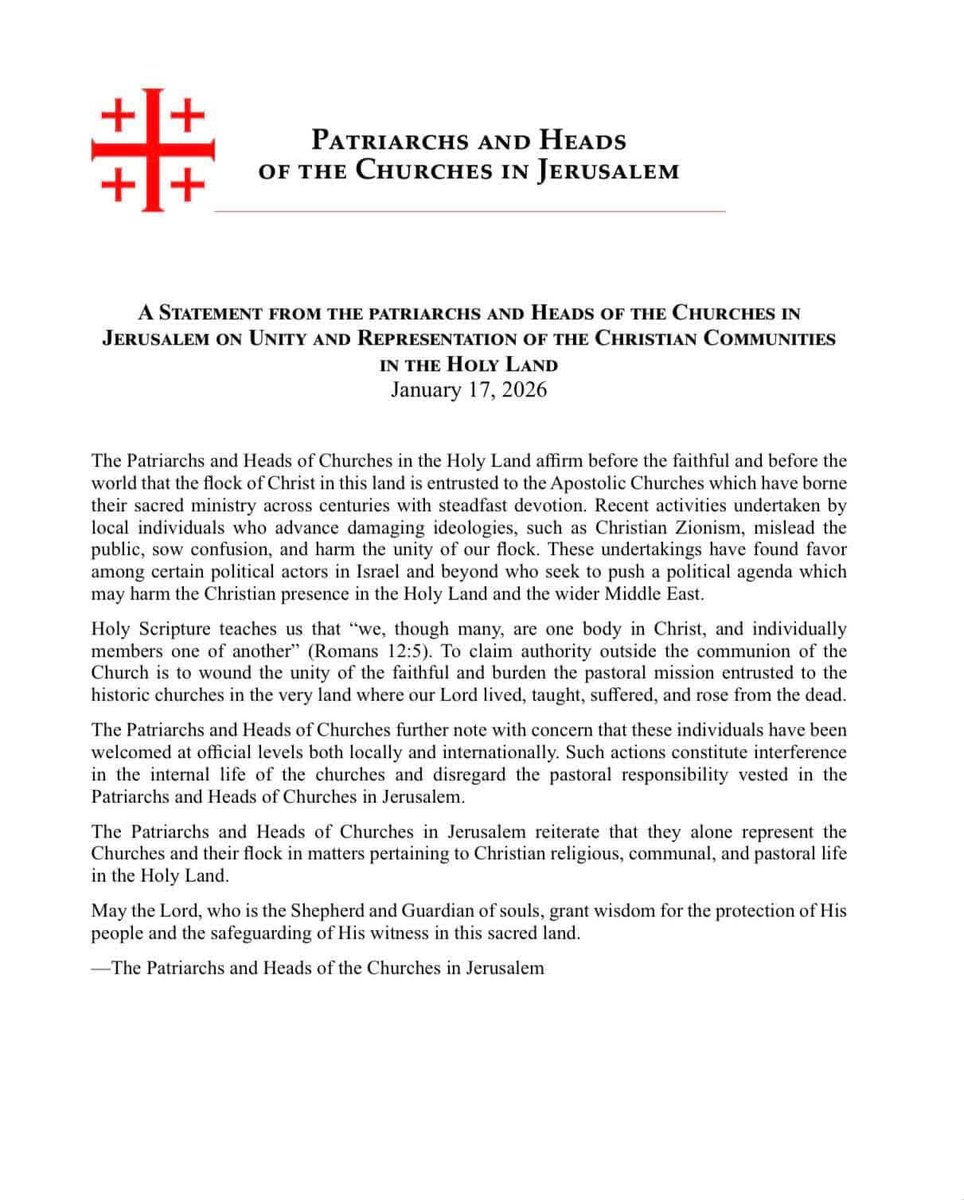 CarriePrejean1's tweet photo. “Patriarchs and Heads of Churches in the Holy Land affirm before the faithful and before the world that the flock of Christ in this land is entrusted to the Apostolic Churches which have borne their sacred ministry across centuries with steadfast devotion. Recent activities undertaken by local individuals who advance damaging ideologies, such as Christian Zionism, mislead the public, sow confusion, and harm the unity of our flock. These undertakings have found favor among certain political actors in Israel and beyond who seek to push a political agenda which may harm the Christian presence in the Holy Land and the wider Middle East”

-Statement from the patriarchs and heads of the churches in Jerusalem