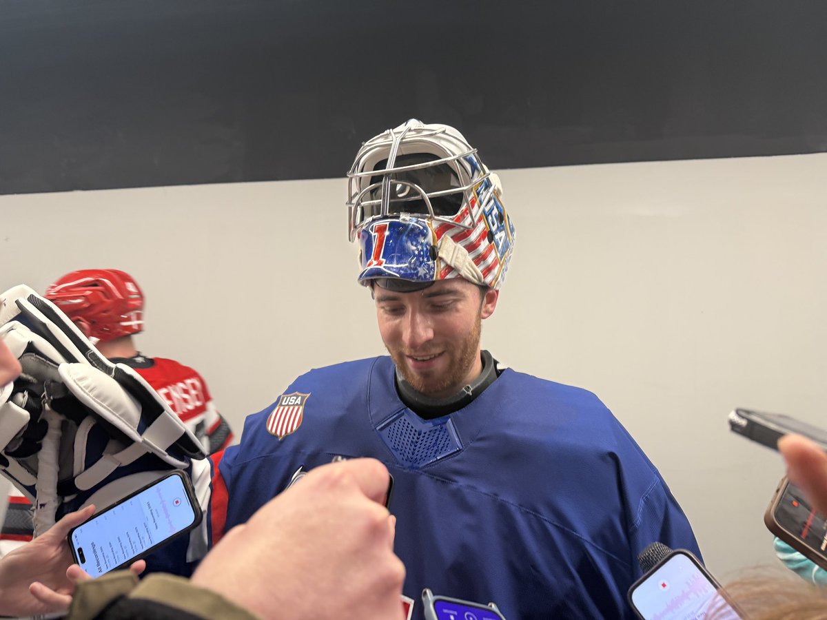 MollieeWalkerr's tweet photo. Team USA’s 🇺🇸 Jeremy Swayman on the long Denmark goal:

“No [I didn’t see it], it was a flash screen. It was just the perfect height, right between that stands and board level. I truly lost it… No matter how they go in, you have to step up and stop the next one.” 

Was it the dark boards? 

“I’m colorblind, so it doesn’t matter to me.” 🤣