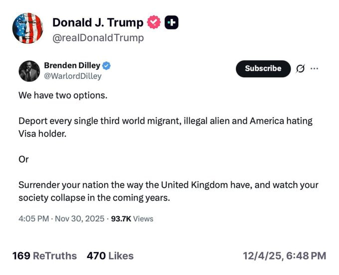 StandUpForFact's tweet photo. 🚨BREAKING: President Trump is now posting that we only have two options

"Deport every single 3rd world migrant, illegal alien and America hating Visa holder..."

"...or surrender your nation the way the UK have, and watch your society collapse in the coming years."

I bet Stephen Miller loves reading this. IT'S TIME TO SAVE AMERICA! 

Do you firmly support Trump on this?

A. Huge Yes
B. No

IF Yes, Give me a THUMBS-UP👍!!