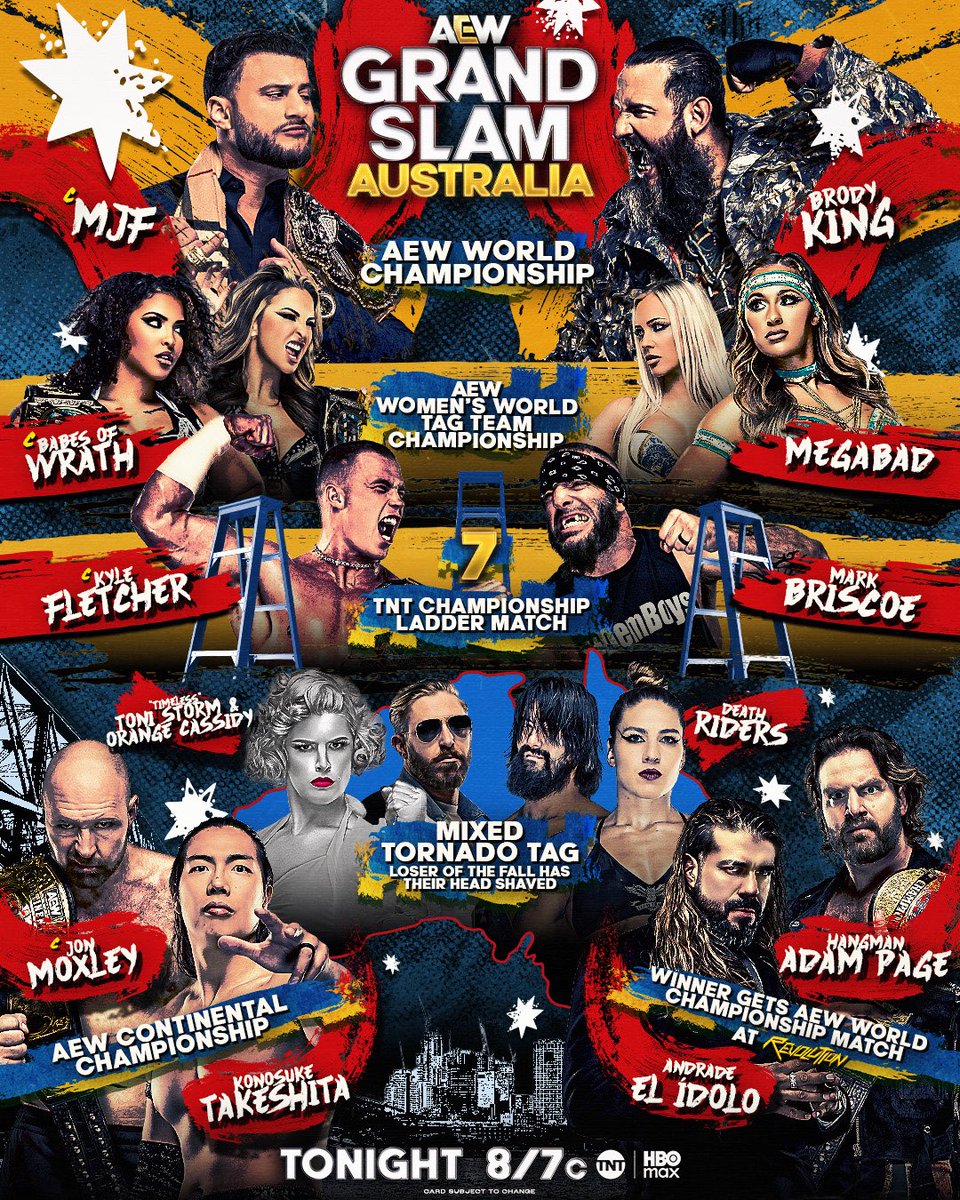 TONIGHT‼️ 
AEW GRAND SLAM AUSTRALIA ‼️
8/7c on TBS/ HBO MAX