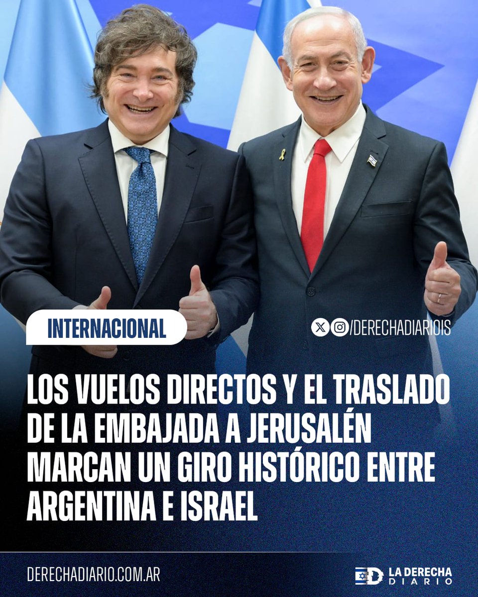🚨🇦🇷🇮🇱 | ÉPICO ACUERDO: Argentina e Israel profundizan su relación con dos hitos clave: vuelos directos Buenos Aires- Tel Aviv, y el traslado de la embajada argentina a Jerusalén, decidido por el presidente Javier Milei, fortaleciendo la cooperación mutua en tecnología, defensa y