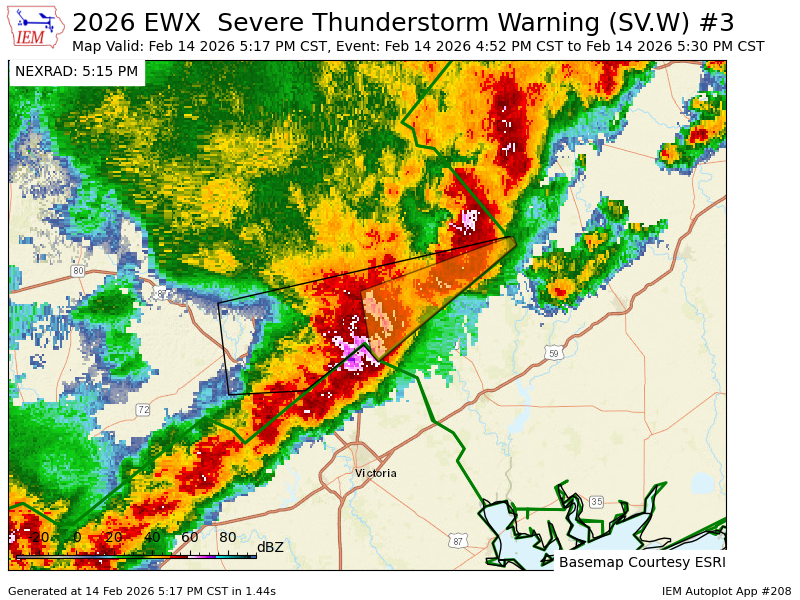 ScannerSGP's tweet image. EWX updates Severe Thunderstorm Warning [wind: 60 MPH (RADAR INDICATED), hail: 1.25 IN (RADAR INDICATED)] (cancels DeWitt [TX], continues Lavaca [TX]) till 5:30 PM CST mesonet.agron.iastate.edu/vtec/f/2026-O-…