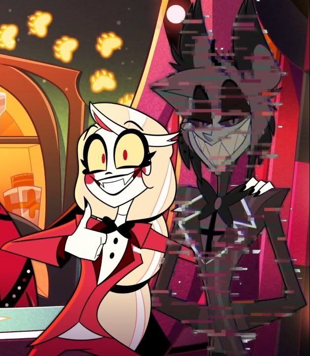 I like how Al isn't glitching as bad as he did when Vaggie was recording him or during the commercial. This also parallels the RS pic. They're not touching in that pic, but Alastor with dilated eyes is willing to pose with Charlie here with her arm around him. 

#charlastor