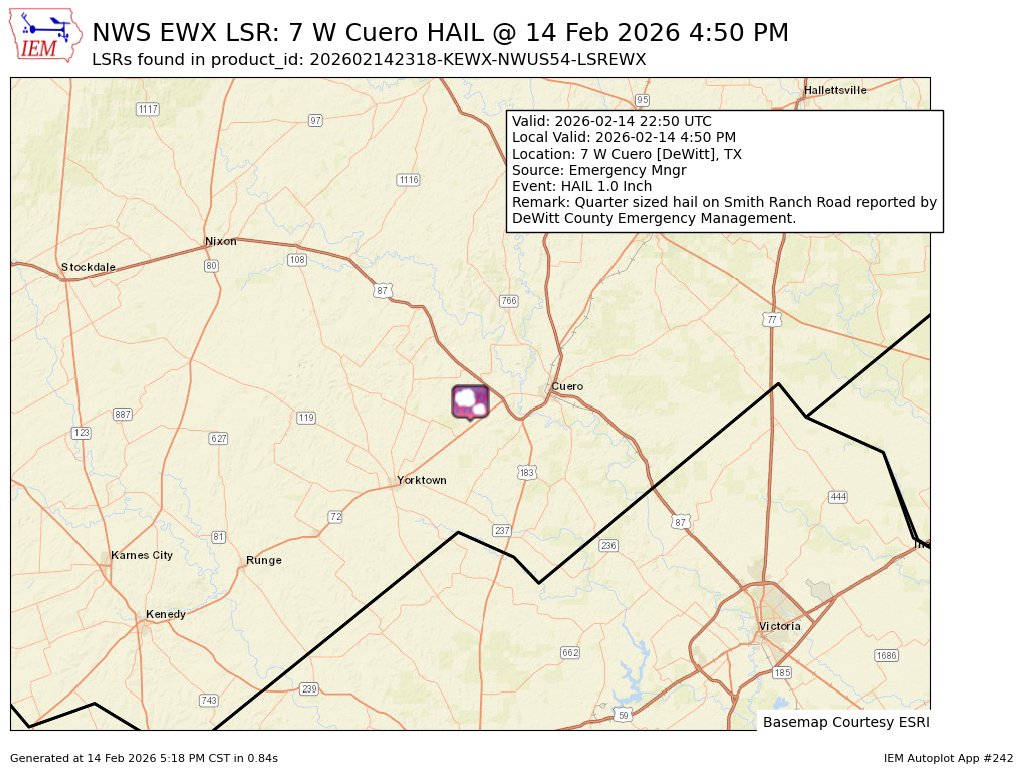 ScannerSGP's tweet image. At 4:50 PM CST, 7 W Cuero [Dewitt Co, TX] Emergency Mngr reports Hail of quarter size (E1.00 Inch). Quarter sized hail on Smith Ranch Road reported by DeWitt County Emergency Management. #txwx mesonet.agron.iastate.edu/lsr/?by=wfo&amp;amp;wf…