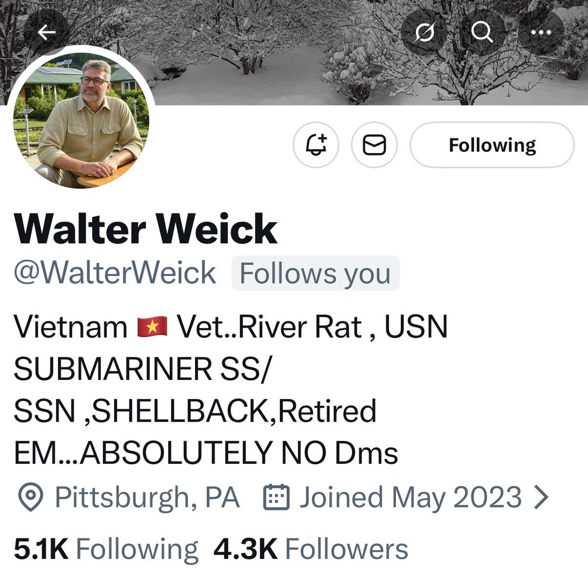 Please meet <a href="/WalterWeick/">Walter Weick</a>.

Walter is a USN and Vietnam Veteran, plus a great Patriot.

Please consider supporting Walter.

Thank you for your service.🫡