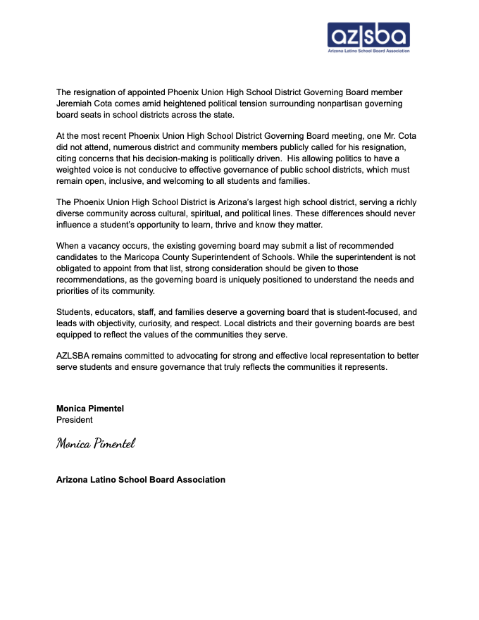Statement from AZLSBA's President on the recent resignation of a Phoenix Union High School District appointed governing board member.
