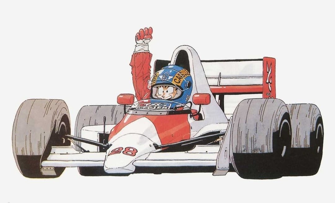 Goku conduciendo un F1 dibujado por el maestro Akira Toriyama.