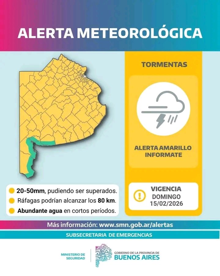 ATN CONDUCTORES Y POBLACIÓN 
🟨 Alerta Amarillo de <a href="/defensacivilpba/">Defensa Civil PBA</a> por:
🟨 Tormentas.
🟨 Ráfagas de hasta 80 km/h.
🟨 Abundante agua en cortos períodos, a lo largo del domingo en toda la PBA. 
⚠️ Considerar. 
DC 📱103