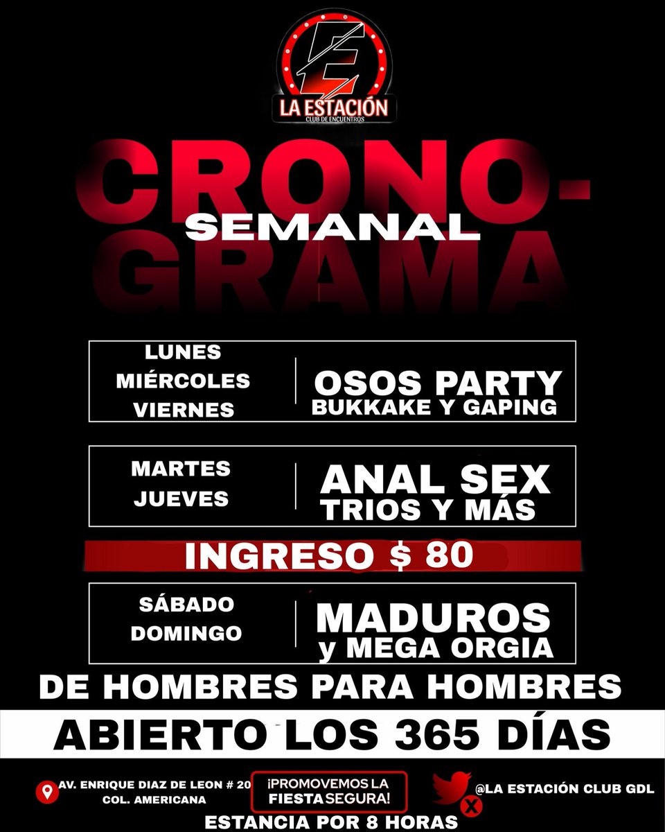 Cartelera De Eventos 
En <a href="/EstacionClubGdl/">La Estación Club Gdl 🏳️‍🌈</a>

Abiertos 24 Horas Continúas

Cabinas Privadas 😈
Cuartos Obscuros ♨️
Cama BDSM💓
Cinema XXX♥️
Zona De Orgias💦
GlorysHoles🕳️💋
Zona Osbcura♨️
Aire Acondicionado🪭
Snack &amp; Bebidas⭐️
Poppers Y Más!😈

Ubicación🚩:
Enrique Díaz De Leon # 20