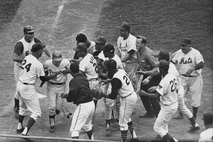 Johnny Callison being mobbed by his National League teammates after hitting a 3 run walk off home run to win the 1964 All Star Game.