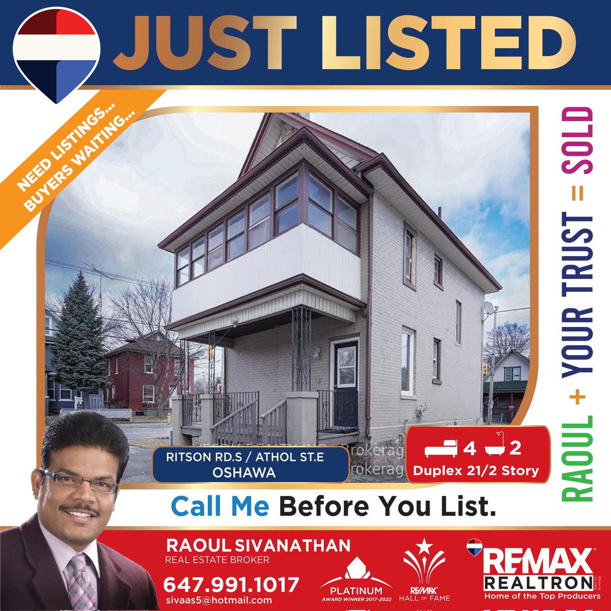 RaoulSivanathan's tweet photo. JUST LISTED | OSHAWA 

🏡 Legal Registered Duplex in the Heart of Oshawa!

Live in one unit &amp; rent the other! 💰 Perfect for first-time buyers or investors.

✔️ 2 Self-Contained Units
✔️ Private Entrances

📞 Raoul Sivanathan
Broker | RE/MAX Realtron Realty Inc.
647-991-1017 https://t.co/rtFElpTRZ5