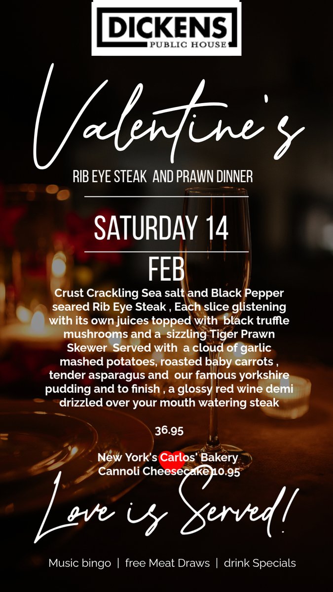 Celebrate Valentine's Day with a delicious Rib Eye Steak and Tiger Prawn dinner, served with gourmet sides and a decadent cheesecake dessert. Join us Saturday 14 Feb for music bingo, free meat draws, and drink specials. Love is served!