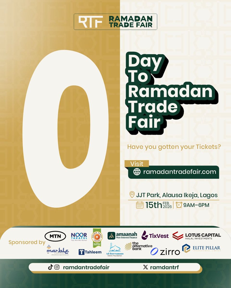 In less than 24 hours, Ramadan Trade Fair 1.0 goes LIVE!✨

Come Sunday, February 15th 2026, get ready for a full day of Community, Commerce, and Connection like never before.

Don’t miss the very first Ramadan Trade Fair in Lagos!
Come, experience it, and be part of history.