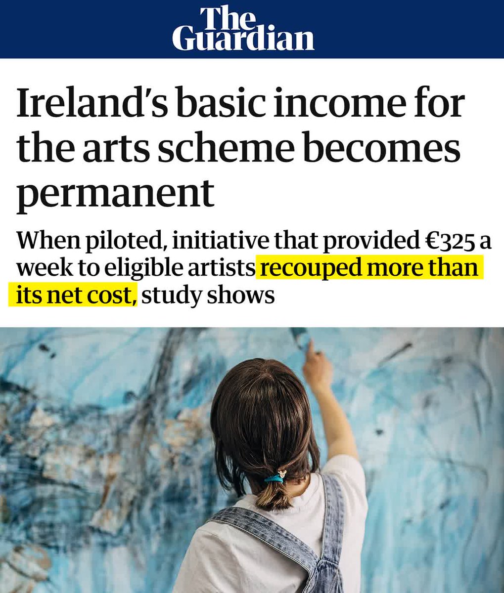 ubi_works's tweet image. Ireland's basic income pilot for artists worked so well they made it permanent. The economic growth it generated paid back more than its net cost, study shows.

How many people are being held back from their potential because they're living bill-to-bill? UBI is true freedom.