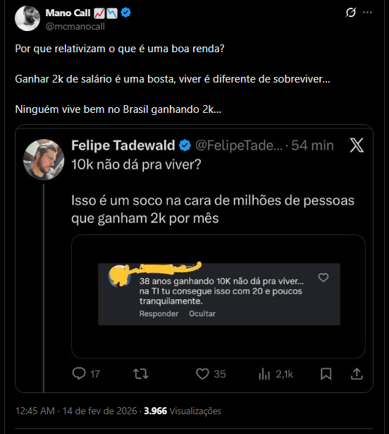 🚨VEJA: Famoso trader Mano Call <a href="/mcmanocall/">Mano Call 📈📉</a> tira faria limer que é chato para um caraleo Felipe Tadewald <a href="/FelipeTadewald/">Felipe Tadewald</a>  fortemente pra bosta após o limer mais uma vez encher o saco criticando uma pessoa que diz que é difícil viver com 10K no Brasil. "Por que relativizam o que é