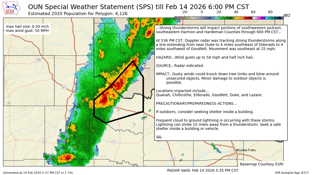 ScannerSGP's tweet image. Strong thunderstorms will impact portions of southwestern Jackson, southeastern Harmon and Hardeman Counties through 600 PM CST [wind: 50 MPH, hail: 0.50 IN] mesonet.agron.iastate.edu/p.php?pid=2026…