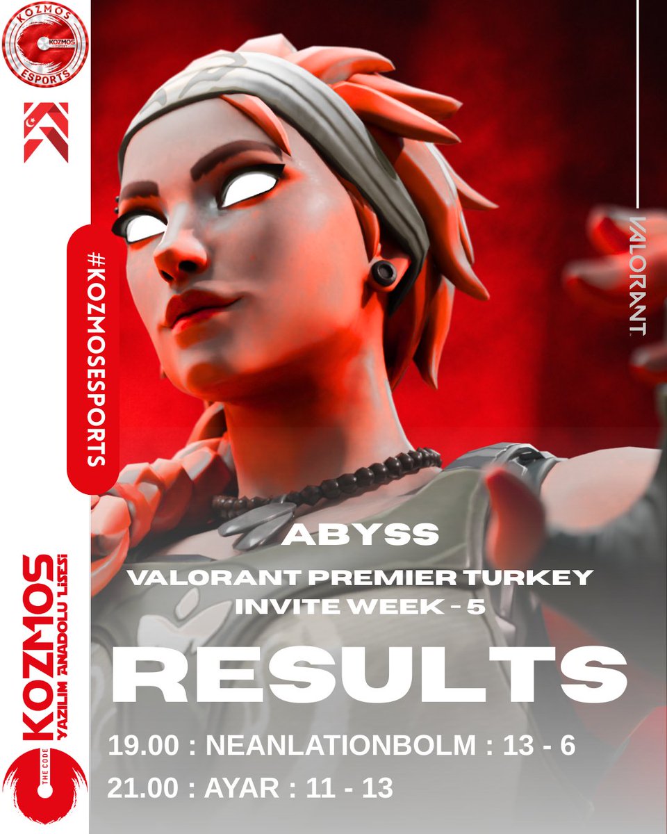 🇹🇷 VALORANT Premier Türkiye Invite 5. Hafta müsabakalarında, 1 WIN - 1 LOSE alarak haftayı tamamlıyoruz.

🆚 <a href="/NEANLATIONBOLM/">NEANLATIYONBOLM (LFO)</a> 13 - 6
🆚 <a href="/AYARLFO/">AYAR</a> 11 - 13

❤️ Rakiplerimizin ellerine sağlık.
👋 Haftaya görüşmek üzere.

#kozmosesports #kozmoslisesi #letsgokozmos #kze