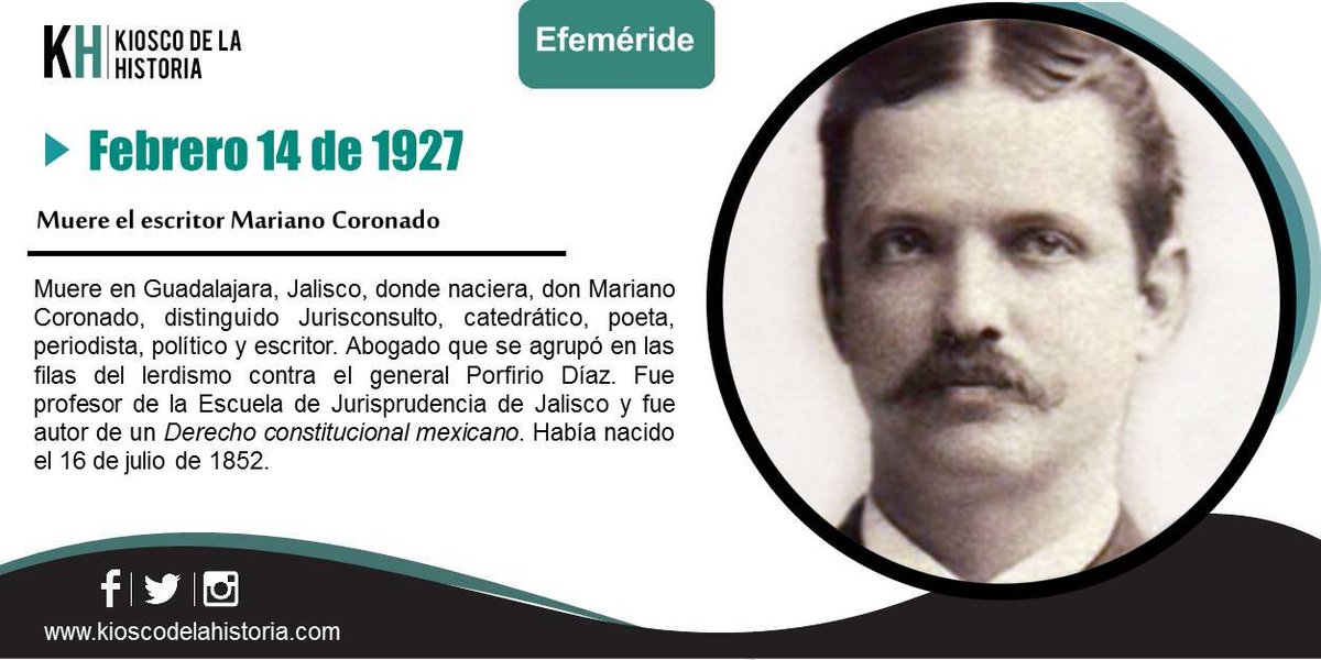 El #14deFebrero de 1927 muere Mariano Coronado, distinguido Jurisconsulto, catedrático, poeta, periodista, político y escritor.
Más y otras #Efemerides 👇
kioscodelahistoria.com/14-febrero