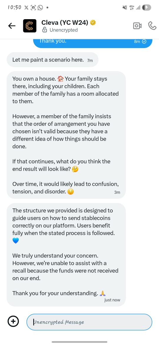 am_aai's tweet photo. I am about to expose a major flaw in how @clevabanking handles customer assets. This involves a "mistake" that could happen to anyone, and their response has been to simply keep my money.

On Feb 10, 2026, I sent $4,522 to my account. The transaction was successful. The funds arrived. But @clevabanking is telling me they "can't find it." Here is the thread. 🧵

The "mistake"? I sent USDT instead of USDC.

Before you say "user error," listen to the context: I sent it on the Solana network. On Solana, USDT and USDC are both SPL tokens. They function identically. The address was valid. The network was correct. The transaction hash on Solscan shows a COMPLETED transfer of 4,522 USDT to @clevabanking official deposit wallet.

So how can an exchange "not receive" something that is sitting in their wallet?

Because their deposit system is rigid. It saw USDT arriving at a USDC address and simply ignored it. The funds are in a "black hole" wallet that they control, but refuse to touch.

This is a failure of infrastructure. @clevabanking has the private keys. They have the tools to return my 4,522 USDT. They are choosing not to.

This isn't just about me. This is about setting a standard for the entire industry.

If an exchange receives funds on a network they support, to an address they control, they have a moral (and arguably legal) obligation to return them.

I am calling out @[ExchangeHandle] publicly. Also tagging @binance, @Bybit_Official @krakenfx, and @Coinbase @kucoincom. Would your policy be any different? Should a user lose $4.5k because of a ticker symbol?

The details are public. I have the TXID. The amount is 4,522 USDT. The date is 10/02/2026. The network is Solana.

@clevabanking, I am not going away. Do the right thing. Credit my account or initiate a recovery. The blockchain doesn't lie.

If you agree that exchanges should be held accountable for safeguarding user funds, even when we make mistakes, please RT the first post. We need to push for better policies. #Solana #Crypto #USDT #btc