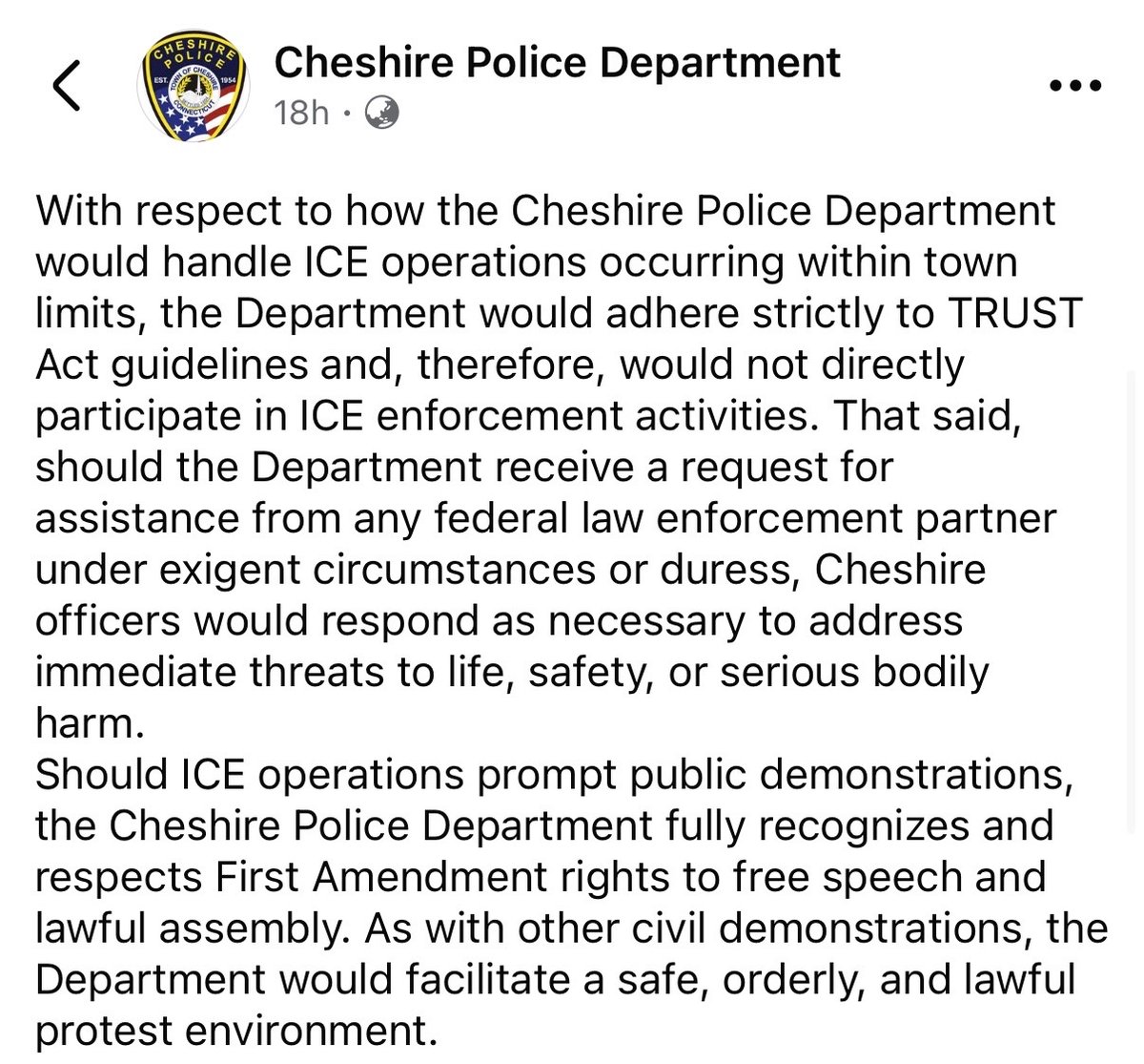 BREAKING: Cheshire Police Dept in Connecticut announce they will NOT be cooperating with ICE after Democrats passed anti-ICE legislation in CT restricting police’s ability to work with ICE