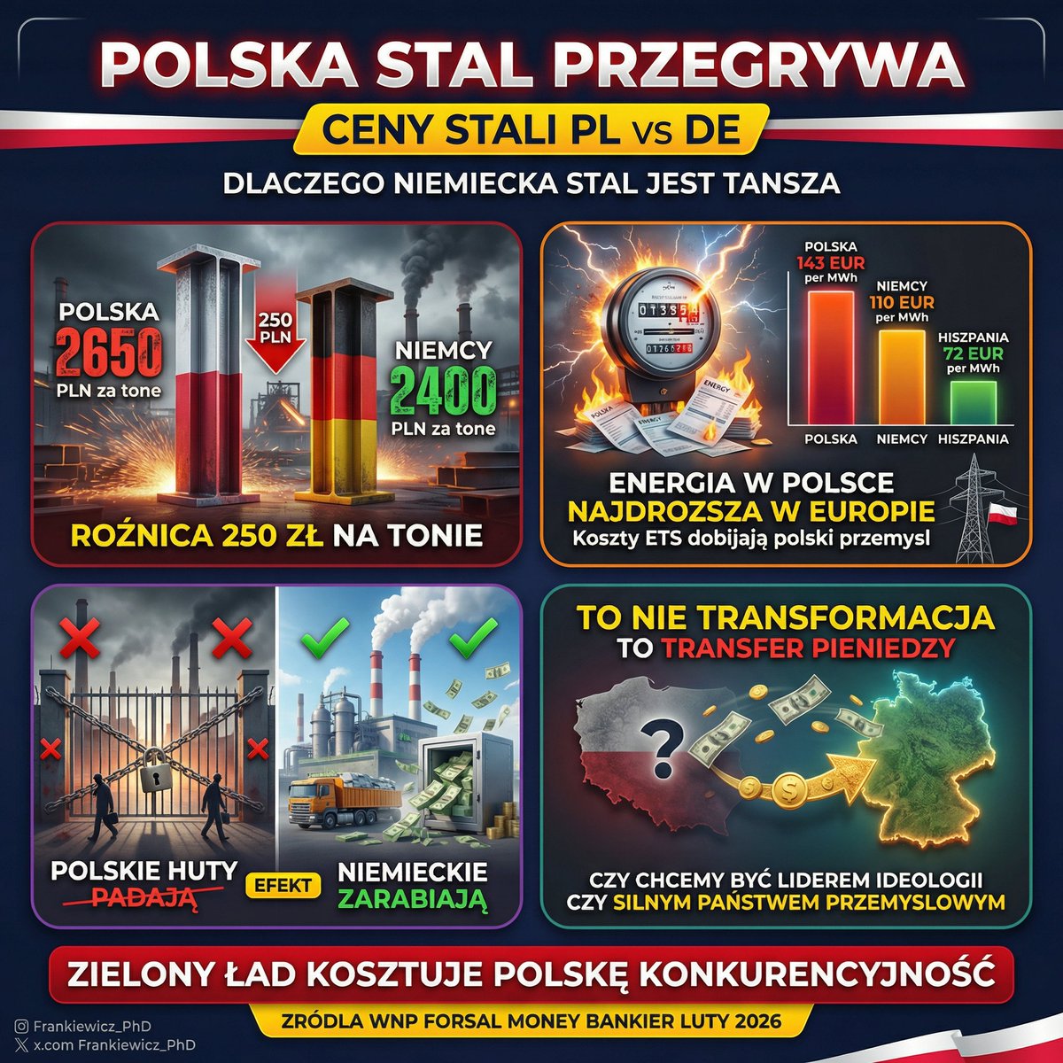 Frankiewicz_PhD's tweet photo. 🇵🇱 Polska stal: 2 650 zł/t
🇩🇪 Niemiecka stal: 2 400 zł/t

Dlaczego?
Bo my „ratujemy klimat” 🌍♻️
a Niemcy ratują swój przemysł 🏭💶

Efekt?
❌ Polskie huty padają
✅ Niemieckie zarabiają

To nie jest transformacja.
To transfer pieniędzy 💸

Pytanie:
Kto naprawdę wygrywa na naszej „zielonej ambicji”? 🇵🇱❓

#energia #ZielonyŁad #stal #Polska #UE 🇪🇺