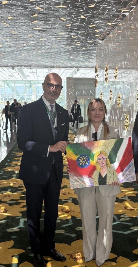 FabriziSem's tweet photo. Bidding farewell to HE Prime Minister Meloni, by presenting a portrait made by the students of the Italian school in Addis Ababa. This marks the end of a truly historic visit: the 2nd Italy-Africa Summit &amp; Guest of honour at the African Union Heads of State  &amp; government meeting https://t.co/5rPyQSdvx4